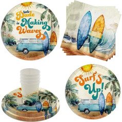 Little Dude Making Waves Surfing Baby Shower Party Supplies 64 Piece Tableware Set Includes Large 9