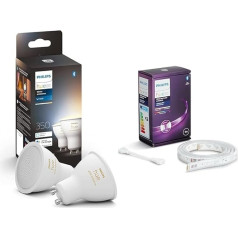 Philips Hue White Ambiance GU10 LED Spotlights Pack of 2 (350 лм) & White & Colour Ambiance Lightstrip Plus 1 m Extension 570 lm