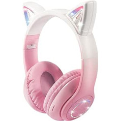 XtenKea Bluetooth Headphones for Children with Microphone/LED Lighting, Wireless Headphones Foldable with Cat Ears, 85/94dB Limiter for Smartphone/PC/Laptop/Tablet/TV (Pink)