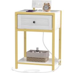 Szlhanjz Маленький приставной столик, приставной столик с зарядной станцией, белый и золотой прикроватный столик с ящиком, современный приста