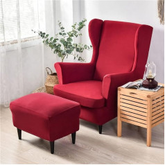 Highdi 2-Piece Wing Chair Cover with Ottoman Protective Cover, Plain Armchair Throws, Wing Chair Protective Covers, Stretch Tiger Chair Cover with Armrest, High Backrest (Red)