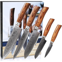 Wakoli EDIB Pro Premium 5-Piece Damascus Knife Set with 8-20 cm Blades Made of 67 Layers of Genuine Damascus Steel with Pakka Wood Handle and Wooden Box I Damascus Knife Kitchen Knife Set and