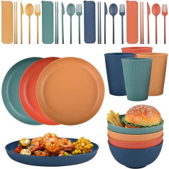 DIYJEP 32-Piece Camping Plate and Cutlery Set for 4, Unbreakable Plastic Plates and Bowls, Premium Reusable with Cups, Tableware Set for Travel, Picnic, Party, Outdoor