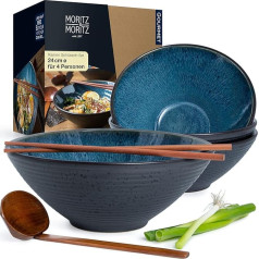 Moritz & Moritz 4 x Ramen Ceramic Bowls - 24 cm Diameter - Blue Ramen Bowl Set for 4 People - For Soup, Pho Bowl and Sushi Bowl - Includes Sticks and Spoon