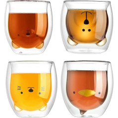 Keebgyy QYLJZB 4 Pack Двойная Стенка Стекло Кофе Чашки, Симпатичные Мультфильм Животное Узор Изолированные Стекло Эспрессо Кубок Чай Чашка Молоко К