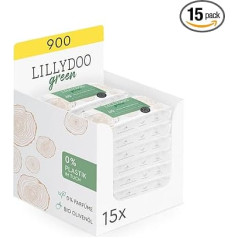 LILLYDOO Зеленые натуральные влажные салфетки, 900 штук (15 x 60), 100% ткань без пластика, без отдушек (FSC смесь)
