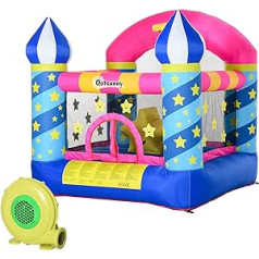 Outsunny Inflatable Bouncy Castle with Basket for 2 Children Castle Springburg with Fan Play House for 3-12 Years Oxford Fabric, Polyester Fabric, Multicoloured 195 x 195 x 215 cm
