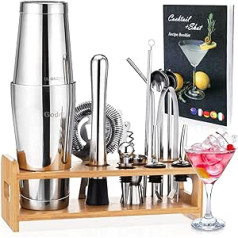 Godmorn Cocktail Shaker Set, Bartender Kit, 16 Pieces Boston Shaker Bar Tool Set, 304 Stainless Steel Martini Shaker with Bamboo Stand and Recipe Book, Drink Mixer Set for Home and Bar, Barware Set