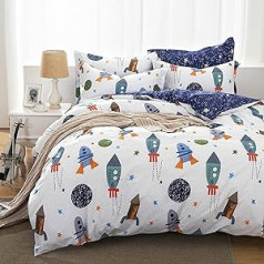 Qucover Children's Bed Linen 135 x 200 cm Cotton Children's Bed Linen Boys Duvet Cover with Zip Reversible Design White Blue Rocket Stars Planets Pattern with Pillowcase 80 x 80 cm