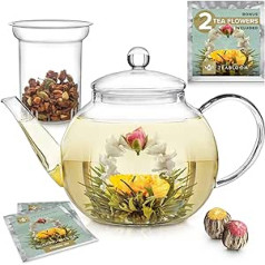 Teabloom Glass Teapot with Removable Tea Strainer Glass Heat Resistant and Microwave Resistant - 2 Tea Flowers Included - 1.2 Litre Tea Maker