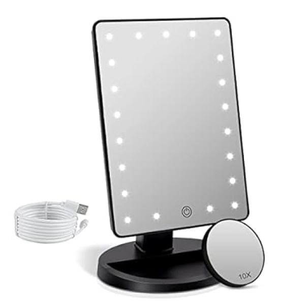 Cosmetic Mirror Illuminated with 10x Magnifying Mirror, 21 LED Illuminated Mirror with Touch Sensor Dimming, Adjustable Rotation 180°, Dual Power Supply, Portable Table Mirror