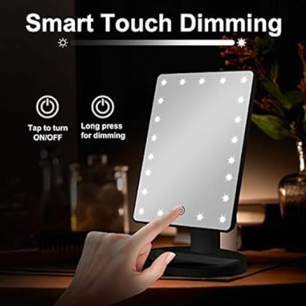 Cosmetic Mirror Illuminated with 10x Magnifying Mirror, 21 LED Illuminated Mirror with Touch Sensor Dimming, Adjustable Rotation 180°, Dual Power Supply, Portable Table Mirror