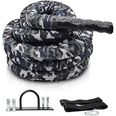 LKZL Combat Exercise Training Rope with Camo Protective Cover & Anchor Strap Kit for Home Gym Strength Training & Cardio, Indoor Outdoor, Poly Dacron 2 Inch Diameter (Size: 15m)