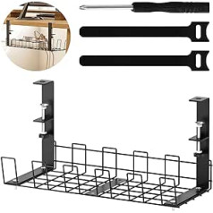 Cable Management Desk, 33 x 12.5 x 16 cm, Cable Holder Cable Tray Table, with 2 Cable Ties and 1 Screwdriver, Under Table Cable Organiser, Black, Cable Duct No Drilling, Clampable Cable Basket Office