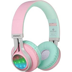 Riwbox WT-7S Children's Bluetooth Headphones, LED Light Up Wireless Foldable Stereo Headset with Microphone and Volume Control for PC/iPhone/TV/iPad (Pink&Green)