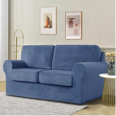 ‎Okyuk OKYUK Stretch Velvet Sofa Cover Slipcover for Sofa with Separate Cushions and Backrests with Elastic Adjustment Strap Slipcover (Blue, 2 Seater 5 PCS)