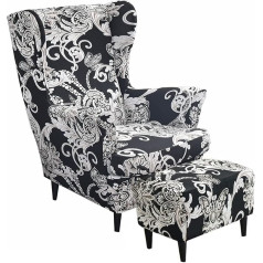 Highdi 2-Piece Wing Chair Cover with Ottoman Protective Cover, Armchair Throws, Wing Chair Protective Covers, Stretch Tiger Chair Cover with Armrest, High Backrest (Black Paisley)