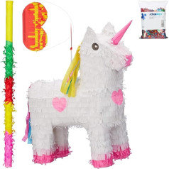 Relaxdays 4-Piece Pinata Set Unicorn White, XXL Confetti Sack, Pinata Stick with Eye Mask, Unicorn Pinata, Stick & Blindfold, Colourful