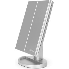 deweisn Tri-Fold Illuminated Cosmetic Mirror with 21 LED Lights, Touch Screen and 3X/2X/1X Magnifying Mirror, Table Makeup Mirror, Travel Cosmetic Mirror (Gold) (Silver)