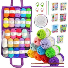 MIRA HANDCRAFTS 24 клубка акриловой пряжи, всего 900 м пряжи для рукоделия - вязание крючком, 4 маркера для фиксирования стежков, 2 крючка для вязания, 2