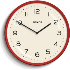 JONES CLOCKS® Moonlight Modern Medium Wall Clock - Office Clock - Living Room Clock - Kitchen Clock - Round Clock - Retro Design - Convex Lens - Easy to Read Numbers - Modern Clock - Red