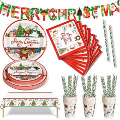 Nkaiso 126-Piece Christmas Party Tableware, Christmas Decoration, Party Accessories, Paper Plates Set, Birthday Paper Cups, Party Plates, Napkins for Children's Birthday Party (25 Guests)