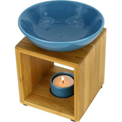 Bitto Malmö Oil Burner Metal Blue with Candle Large Bowl Fair Trade Aroma Lamp Made of Bamboo Wood and Ceramic