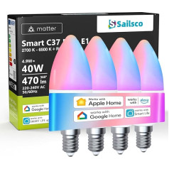 sailsco Матовая лампа Alexa Light Bulb Smart Lamp E14, WiFi Lamp LED Compatible with Smart Life, Dimmable Warm White Cool White and Multicoloured Bulb, Control by App, No Hub Required, C37 4.9 W 470 LM, Pack