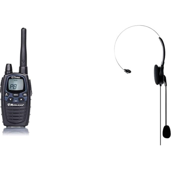 Midland G7 Pro Single PMR + LPD Radio, 16 каналов, двухдиапазонный, C1090.14, в комплекте зарядное устройство, 4 аккумулятора (1800 мАч), клипса для ремня и наушники M