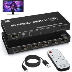 8K HDMI 2.1 Switch Splitter 4K 120Hz HDMI Switch 5 in 1 Out - 5 Port HDMI Switcher Switch Car HDMI Selector 8K 60Hz with IR Remote Control