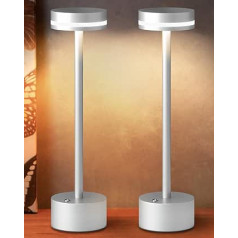 Pack of 2 Rechargeable Wireless Battery Table Lamp with Touch Switch, Full Aluminium Lamp Body, 3-Level Dimming, 4000 mAh Battery, 3000 K Warm Light, for Dining Table, Living Room (Silver)