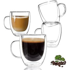 Double Wall Glass Coffee Mugs, Set of 4 Clear Glass Coffee Cups with Handle, 350ml Glass Tea Cups, Insulated Coffee Mug for Latte, Cappuccino, Hot/Cold Drinks, Blacktea