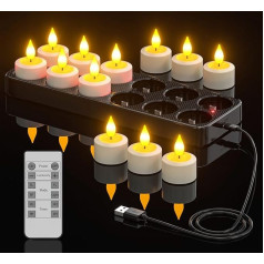 Yme LED Tea Lights Rechargeable with Timer and Remote Control, Pack of 12 LED Candles Rechargeable Flickering with Timer Function and USB C Charging Station for Living Room Halloween Christmas Party