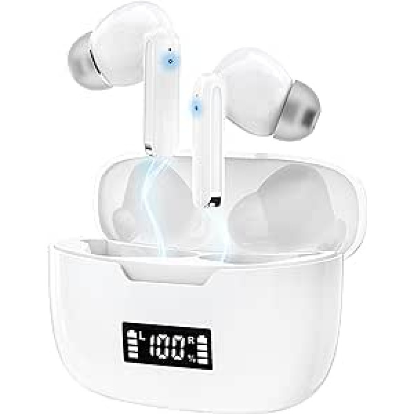 DCB SOUND Bluetooth Headphones 5.3 Airpods Earbuds with 4 MIC HD Headset for IOS/ANDROID Wireless Headphones, Powerful Bass, Air Pods Earbuds, Sound, Wireless, Bluetooth, 36H, White