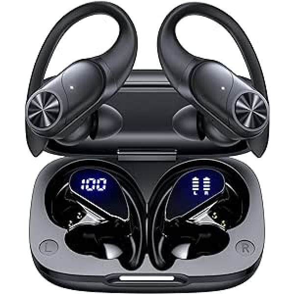 GameXtrem Wireless Earbuds, Bluetooth, 80 Hours Playtime, Wireless Charging, Digital Display, Sports Earbuds, IPX7 Waterproof, Ear Hook, Deep Bass, In-Ear Headphones for Mobile Phone, Laptop,