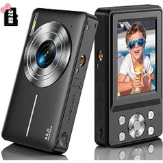 Digital Camera with 32G Micro SD Card, 1080P Children's Camera, 44MP HD Photo Camera, Compact Camera with 2.4 Inch LCD Screen, 16X Digital Zoom and 1 Battery for Children, Students, Beginners, Black