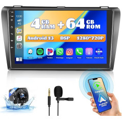 Hikity 9 дюймов Android 13 автомобильное радио с Sat Nav Mazda 3 2003-2009, 8-ядерный 4G+64G, беспроводной CarPlay и Android автомобиля, сенсорный экран DSP 32EQ RDS камера зад