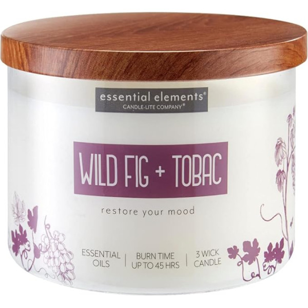 Candle Lite Essential Elements Ароматическая свеча в стекле | Wild Fig & Tobac | Свеча с ароматом табака | Свеча с 3 фитилями | Свечи длительного горения (45 ч) | Боль