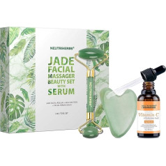 NEUTRIHERBS Jade Roller и Gua Sha Set for Face with Vitamin C Serum (3 in 1 Kit) Facial Massage Skin Care for Eye Puffiness, Skin Tightening