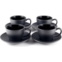 Hanseküche Cappuccino Cups Set of 4 (180 мл) Made of Stoneware - High-Quality and Thick-Walled Coffee Cups with Saucers - Elegant Latte Coffee Cups (Black)