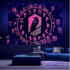 Arsey Viking Black Light Tapestry UV Reactive Red Runes Fluorescent Tapestries Odin's Raven Nordic Mythology Wall Towel Glow in the Dark Tapestry Bedroom Large 200 x 150 cm
