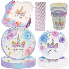 84 Piece Unicorn Party Tableware Set, Children's Birthday Party Cutlery Set for 16 Guests, Unicorn Party Cutlery Supplies Includes Plates, Cups, Napkins for Children's Birthday Party, Baby Shower