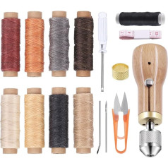 Glarks 15 Pieces Sewing Awl Kit Portable Leather Stitching Repair Stitch Tool Including Handheld Sewing Awl 8 Colours Waxed Threads with Straight and Bent Needles and Small Screwdriver for DIY Craft