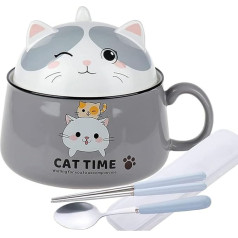 Lachineuse - Миска для рамена Kawaii Cat с крышкой - Cat Time Ramen Bowl 1020 мл - Миска для супа с лапшой - Миска для макарон - Миска для круп с ручкой - Цвет серый