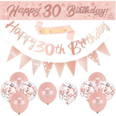 Набор из 14 украшений 30th Happy Birthday, розовое золото 30th Birthday Party Supplies Including Happy 30th Birthday Banner Birthday Straps Triangle Flag Bunting Confetti Latex Balloons (30th Birthday)