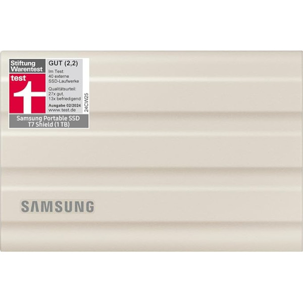 Портативный SSD Samsung T7 Shield, 1 ТБ, USB 3.2 Gen.2, 1050 МБ/с чтение, 1000 МБ/с запись, надежный внешний жесткий диск для Mac, ПК и смартфонов, бежевый, MU-PE1T0K/EU