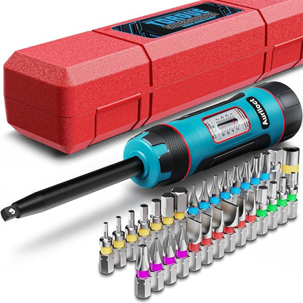 Aurlloct MicroClick Torque Screwdriver Extra Long Style 1/4 Inch 1-8 Nm with Interchangeable Bits for Bicycle Repair, 32 Pieces