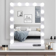 Auxmir Hollywood Make-Up Mirror with Lighting, 15 LED Light Dimmable Dressing Table Mirror, 3 Colour Temperature Light, Touch Control Table Top or Wall Mount, Table Mirror for Bedroom, White