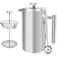 Френч-пресс для кофе 1 литр, 1000 мл Edelstahl Kaffeepresse mit 3-stufigem Filter, Doppelwandig Isolierte Kaffeekanne mit Löffel