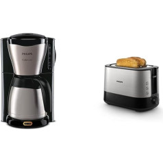 Philips HD7546/20 Фильтр-кофеварка Gaia с термокувшином, черный / металл и тостер HD2637/90, пластик, черный / нержавеющая сталь